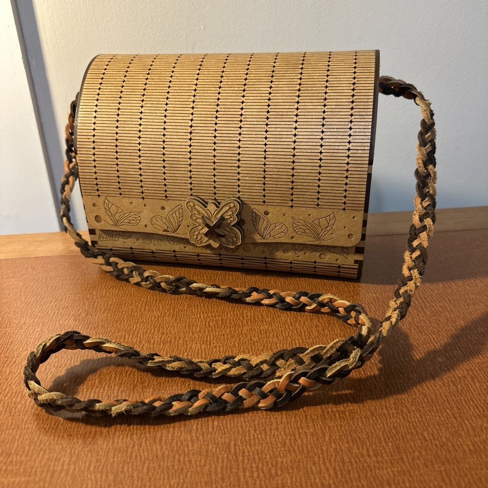 3-D Printed‎ Wooden Butterfly Purse Braided Leather Strap